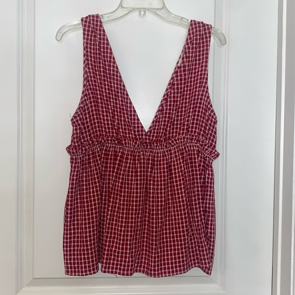 Women’s deep vneck tank top. Red gingham print